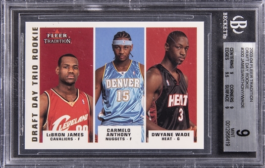 2003/04 Fleer Tradition "Draft Day Trio Rookie" #300 LeBron James/Carmelo Anthony/Dwyane Wade Rookie Card (#007/375) - BGS MINT 9